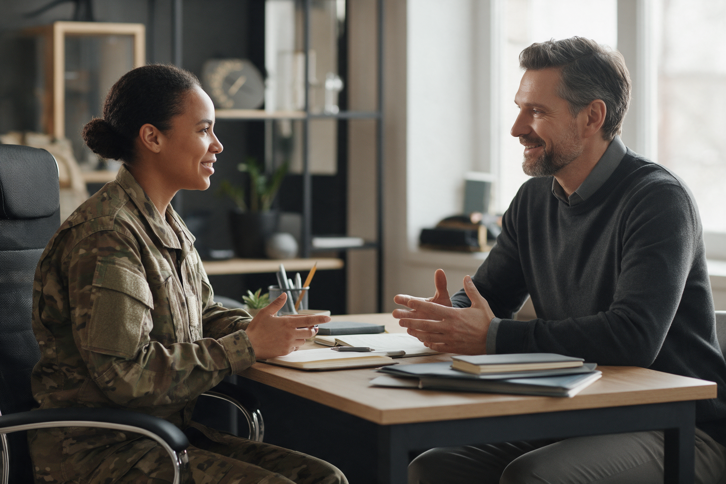 Illustration of a service member discussing civilian career opportunities