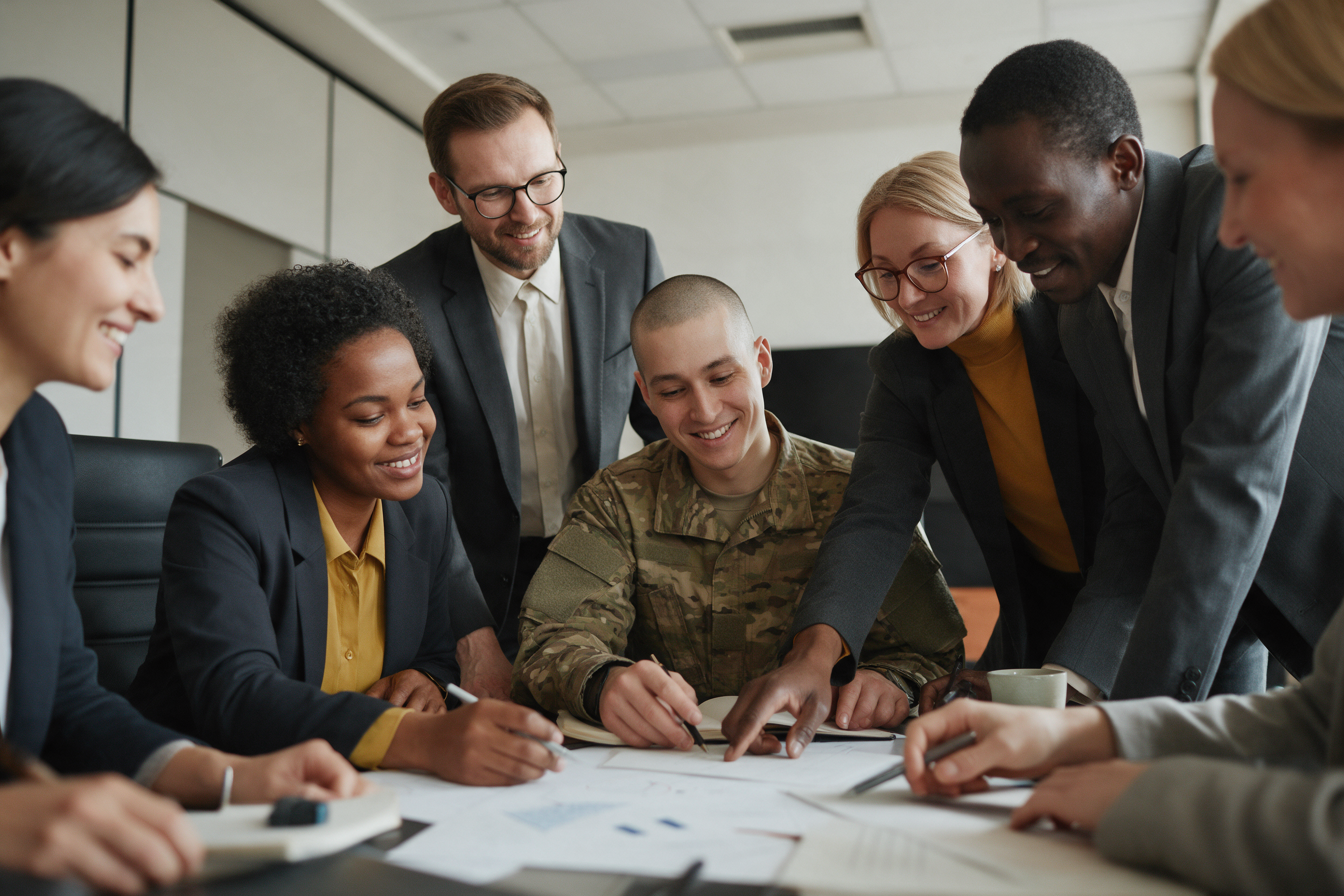 Illustration of military and civilian professionals collaborating on business planning